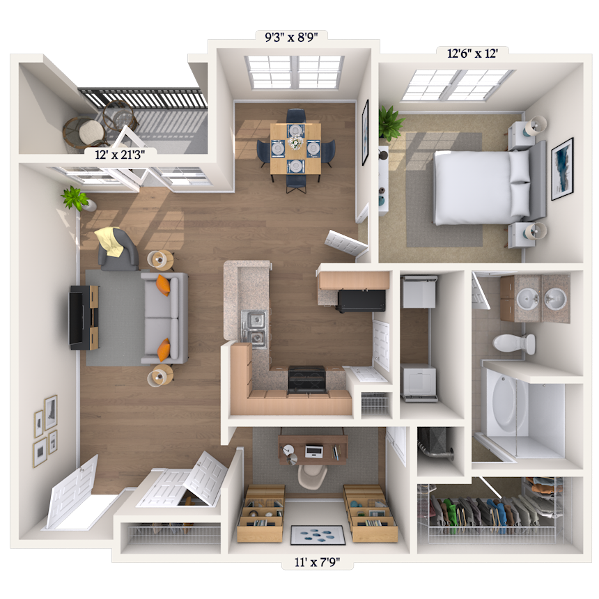 Floor plan for 1 bed, 1 bath, 960 sqft